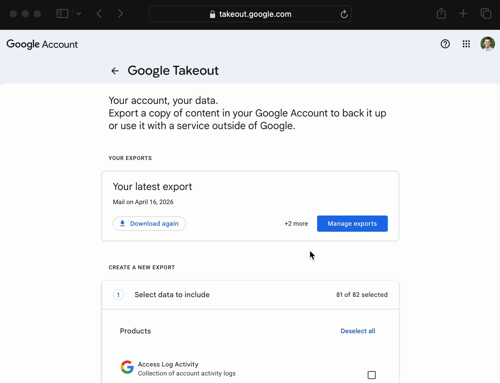 Google Takeout: open All Mail data included next to Mail, then narrow the export to the Inbox label only.